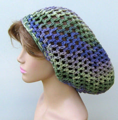 Purple Green Cotton Slouchy Beanie or Dread Tam Handmade Dreadlocks Hat