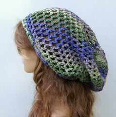 Purple Green Cotton Slouchy Beanie or Dread Tam Handmade Dreadlocks Hat