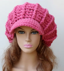 Pink Visor Cap, Newsboy Cap, Slouchy Beanie hat, woman hat, teen beanie, billed beanie, visor beanie