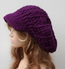 Dark Orchid Slouchy Newsboy Visor Dread Tam Hipster brimmed beanie Hat purple