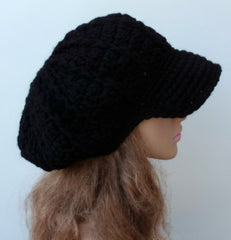 Black Newsboy cap for women or men Visor Hat Slouchy Newsboy Beanie Billed