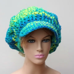 Bohemian Mermaid Slouchy Newsboy Visor Dread Tam Hippie brimmed slouch billed beanie Hat turquoise yellow green
