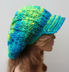 Bohemian Mermaid Slouchy Newsboy Visor Dread Tam Hippie brimmed slouch billed beanie Hat turquoise yellow green