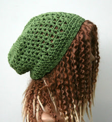 Green cotton handmade crochet slouchy beanie hat rosemary open stitch summer beanie