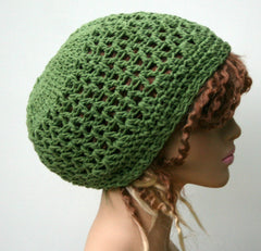 Green cotton handmade crochet slouchy beanie hat rosemary open stitch summer beanie