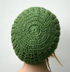 Green cotton handmade crochet slouchy beanie hat rosemary open stitch summer beanie