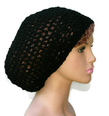 Hemp cotton beanie, black slouchy hat, very small Hippie Dread Tam, Snood hat, crochet summer beanie, woman black hat, man slouch hat, vegan