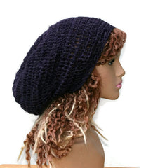 Hemp Wool Dark purple slouchy beanie dreadlock hippie tam hat