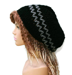 Black gray slouchy beanie, smaller Hippie Dread Tam Hat, crochet beanie, woman man slouch hat, slouchy beanie, vegan, soft, handmade beanie