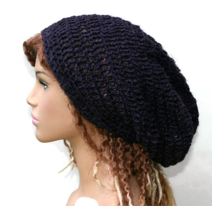 Hemp Wool Dark purple slouchy beanie dreadlock hippie tam hat