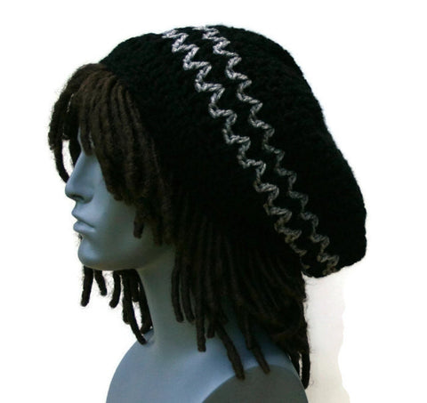 Black gray slouchy beanie, smaller Hippie Dread Tam Hat, crochet beanie, woman man slouch hat, slouchy beanie, vegan, soft, handmade beanie