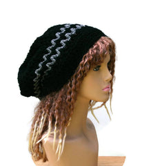 Black gray slouchy beanie, small dread tam hat, slouch beanie, smaller dreadlocks hat, black vegan man hat, woman beanie