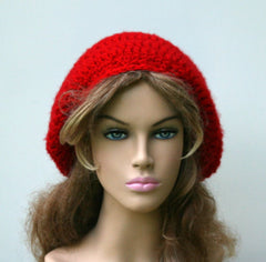 True Red Slouchy beanie Hat, slouch beanie hat, small Tam beanie hat, woman beanie, red beanie, slouch beanie, crochet hat
