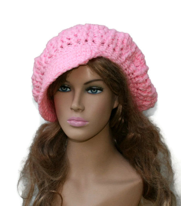 Newsboy hat in Petal Pink Cap Visor Tam Billed Slouchy Beanie hat