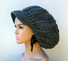 Gray Charcoal Newsboy Cap, dark grey Visor Dread Tam Hat, Hippie Slouchy Beanie cap hat, man, woman