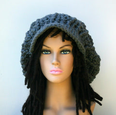 Gray Charcoal Newsboy Cap, dark grey Visor Dread Tam Hat, Hippie Slouchy Beanie cap hat, man, woman