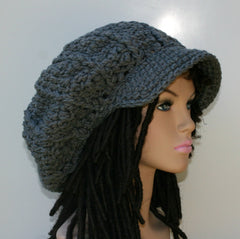 Gray Charcoal Newsboy Cap, dark grey Visor Dread Tam Hat, Hippie Slouchy Beanie cap hat, man, woman