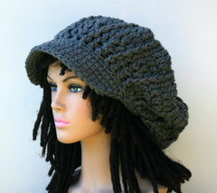 Gray Charcoal Newsboy Cap, dark grey Visor Dread Tam Hat, Hippie Slouchy Beanie cap hat, man, woman