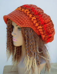 Handmade Orange Newsboy Cap For Women Fall Halloween Visor Hat Slouchy Newsboy Beanie Billed