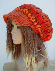 Handmade Orange Newsboy Cap For Women Fall Halloween Visor Hat Slouchy Newsboy Beanie Billed