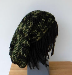 Handmade Camouflage super long dread tam, tam beanie, camo slouchy beanie, dreadlock sock tam, rasta hat