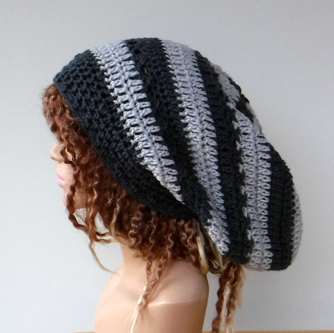 Dark and light grey slouchy large Tam Dreadlock Hippie Beanie Dread Hat handmade crochet unisex