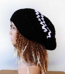 Long black white slouchy large Tam Dreadlock Hippie Beanie Dread Hat handmade crochet unisex