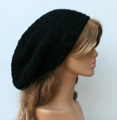 Slouchy Beanie cotton black Tam Dreadlocks hat, Hippie Beanie Hat, Bohemian woman or man beanie