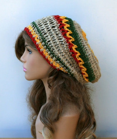 Jamaica slouchy hat, Hemp slouchy beanie hippie, Bohemian dread tam hat rasta colors