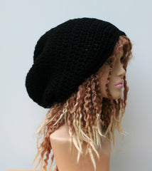 Black Slouchy Beanie, basic dread Tam hat, slouchy hat, woman man beanie handmade