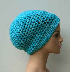 Soft turquoise slouchy beanie hat, small Dread Tam hat, summer Slouchy Beanie, Hippie Snood Hat women slouch hat