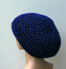Soft lurex summer slouchy beanie hat, royal blue metallic small tam hat hairnet snood evening party glitzer