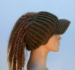 Latte brown Ponytail hat, Visor Dread Tube cap, billed dread tube, dread band, open back beanie
