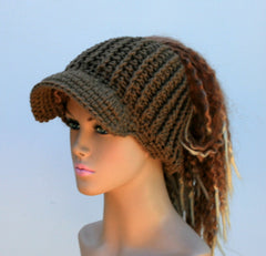 Latte brown Ponytail hat, Visor Dread Tube cap, billed dread tube, dread band, open back beanie