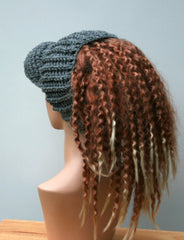 Heather gray Ponytail hat, Visor Dread Tube cap, billed dread tube, dread band, open back beanie