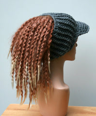 Heather gray Ponytail hat, Visor Dread Tube cap, billed dread tube, dread band, open back beanie