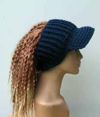 HANDMADE dark denim blue Ponytail hat, Visor Dread Tube cap, billed dread tube