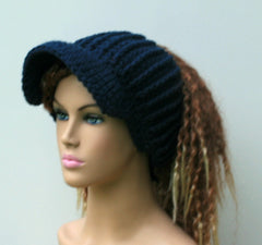 HANDMADE dark denim blue Ponytail hat, Visor Dread Tube cap, billed dread tube