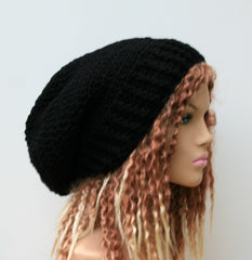Handmade Black slouchy beanie hat, Slouch Beanie, dread tam, womens slouch beanie, mens slouchy hat, winter hat, warm beanie