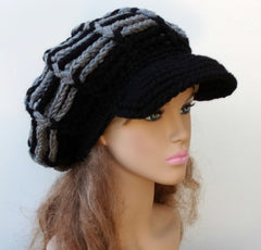 Black gray Visor hat slouchy beanie Newsboy cap crochet handmade