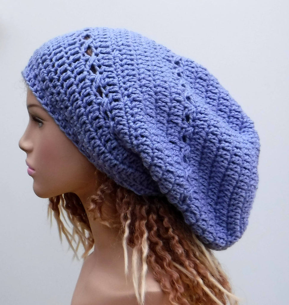 Periwinkle slouchy large Tam Dreadlock Hippie Beanie Dread Hat handmade crochet light purple long beanie