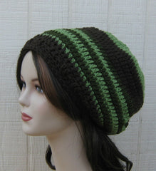 Green Brown Slouchy Beanie smaller Dread Tam Hat, Hippie Slouch Beanie, woman man hat