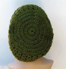 Olive slouchy beanie, smaller Hippie Dread Tam Hat, green crochet beanie, woman man slouch hat, slouchy beanie, vegan, soft, handmade beanie