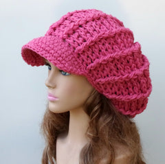 Pink Visor Cap, Newsboy Cap, Slouchy Beanie hat, woman hat, teen beanie, billed beanie, visor beanie