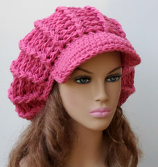 Pink Visor Cap, Newsboy Cap, Slouchy Beanie hat, woman hat, teen beanie, billed beanie, visor beanie