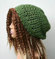 Green cotton handmade crochet slouchy beanie hat rosemary open stitch summer beanie