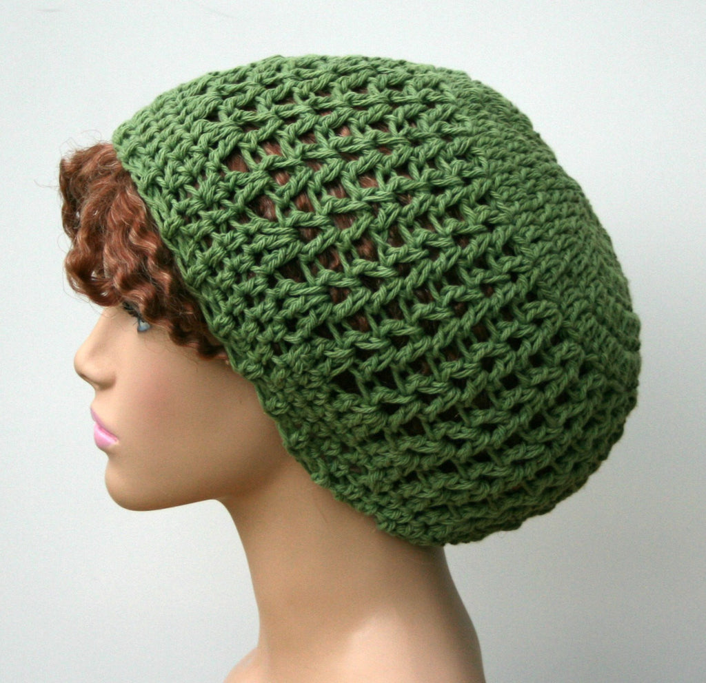 Green cotton handmade crochet slouchy beanie hat rosemary open stitch summer beanie
