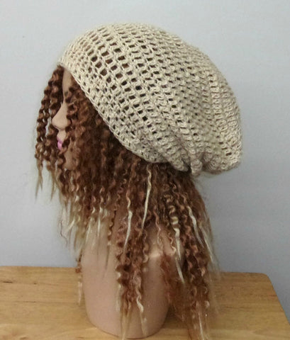 Hemp Wool natural cream slouchy beanie dreadlock hippie tam hat