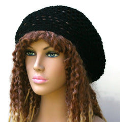 Hemp cotton beanie, black slouchy hat, very small Hippie Dread Tam, Snood hat, crochet summer beanie, woman black hat, man slouch hat, vegan