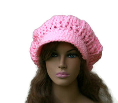 Newsboy hat in Petal Pink Cap Visor Tam Billed Slouchy Beanie hat